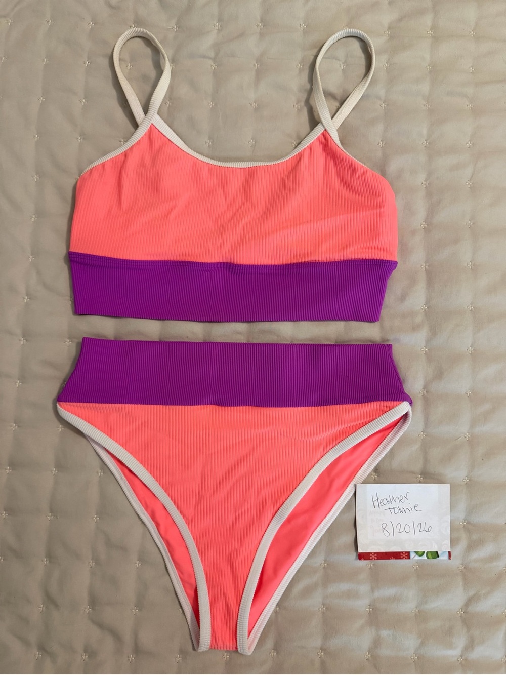 LainSnow Colorblock Bikini Set - Coral Pink & Purple